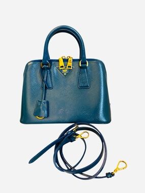 Prada Azzuro Saffiano Vernice Leather Bowler Double-Top Handle Lux Promenade Bag